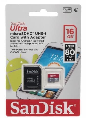 2 x SanDisk Ultra 16GB microSDHC UHS-I Card Adapter Class 10 Speed up to 80 MB/s 533X